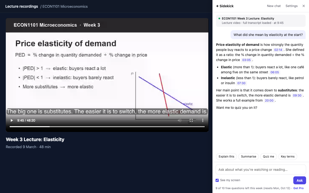 Sidekick's sidebar open next to a lecture recording, answering a question about the lecture with clickable timestamps